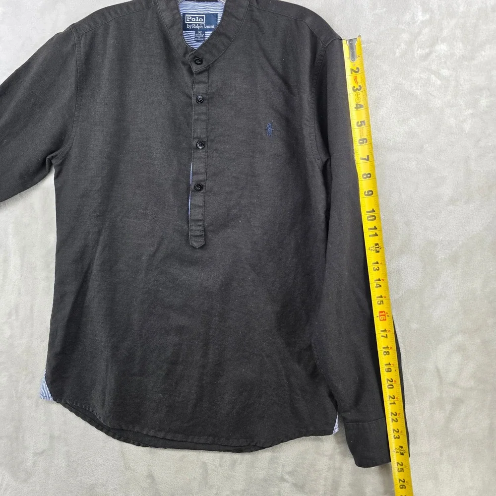 Polo Ralph Lauren Popover Shirt Mens M Black Linen Cotton Band Collar Long Slev